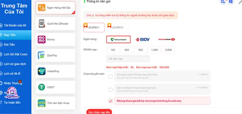 Hướng dẫn nạp tiền qua ngân hàng nội địa tại Siu88 